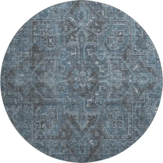 8' Navy Blue And Gray Medallion Distressed Washable Round Rug With UV Protection Photo 2