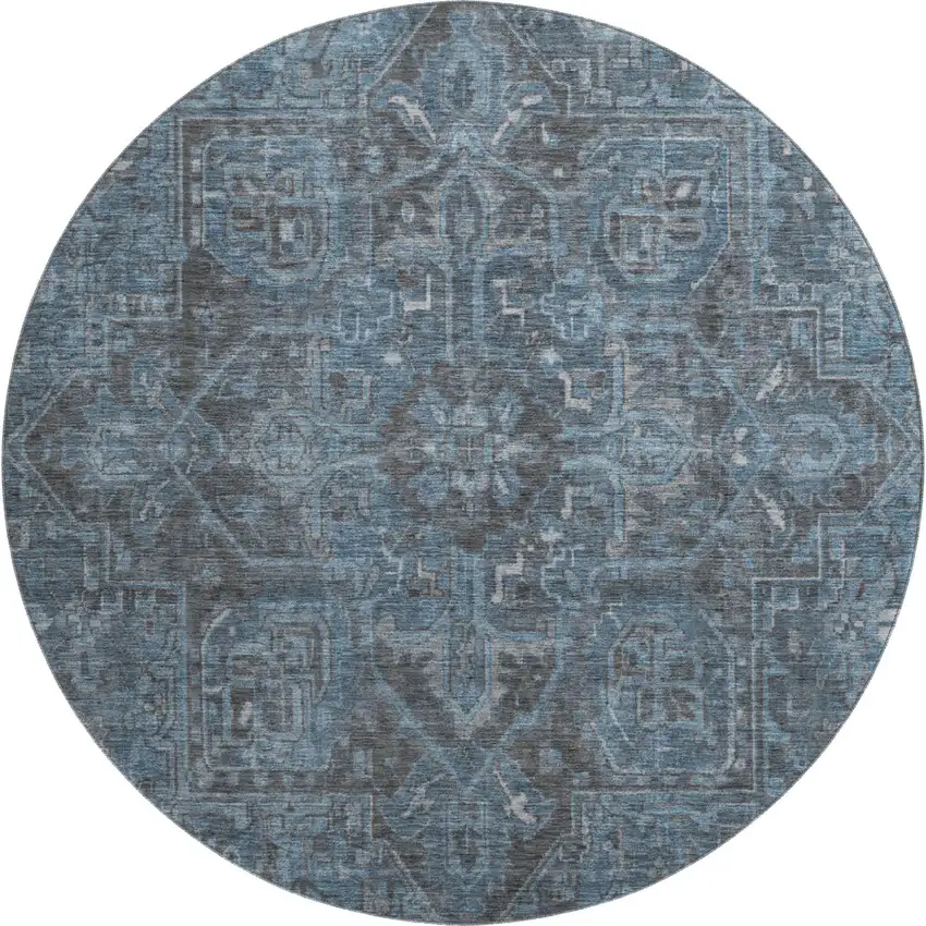 8' Navy Blue And Gray Medallion Distressed Washable Round Rug With UV Protection Photo 2