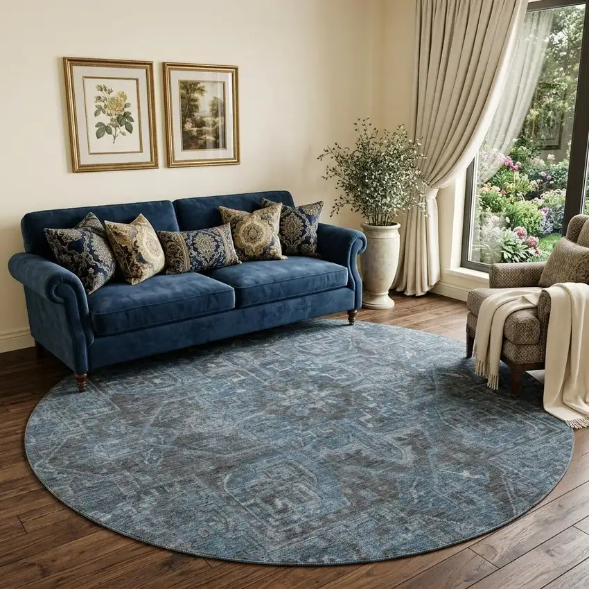 8' Navy Blue And Gray Medallion Distressed Washable Round Rug With UV Protection Photo 1