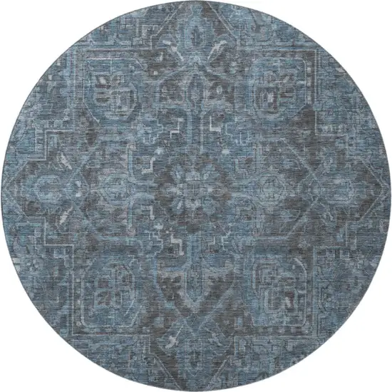 8' Navy Blue And Gray Medallion Distressed Washable Round Rug With UV Protection Photo 3