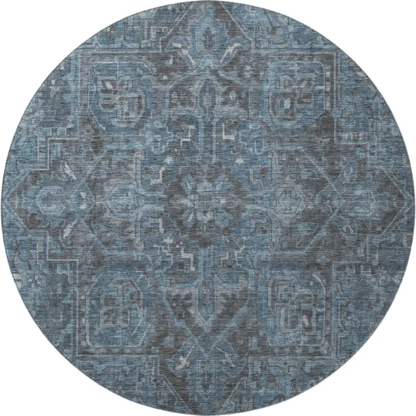 8' Navy Blue And Gray Medallion Distressed Washable Round Rug With UV Protection Photo 3