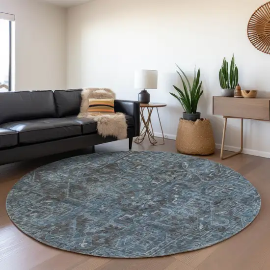 8' Navy Blue And Gray Oriental Washable Round Rug With UV Protection Photo 4
