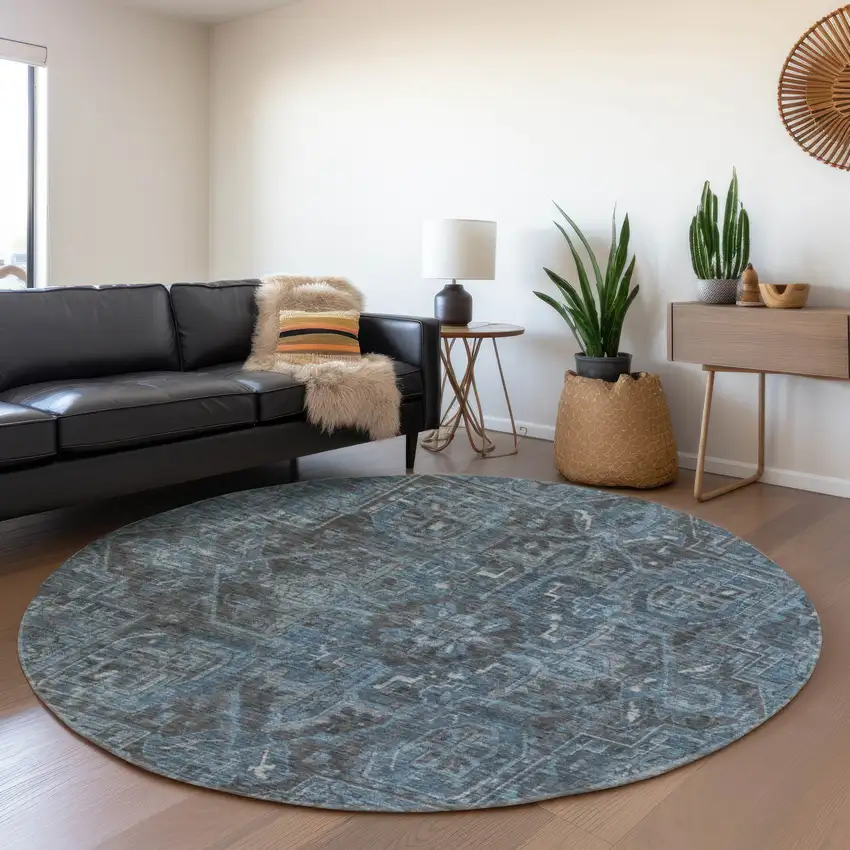 8' Navy Blue And Gray Oriental Washable Round Rug With UV Protection Photo 4