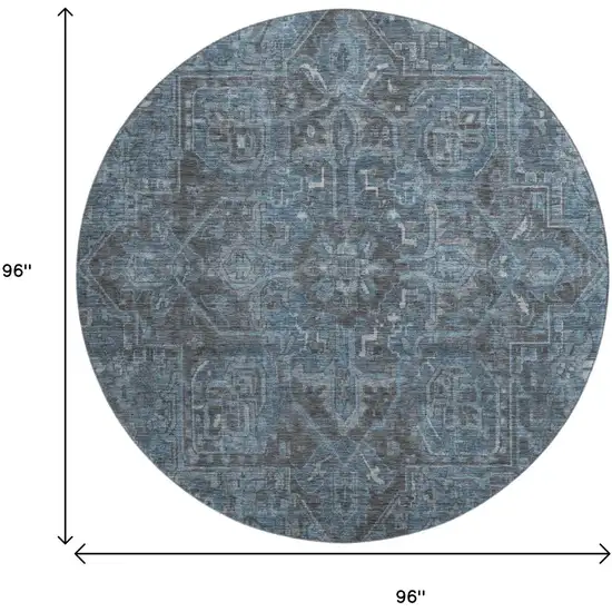 8' Navy Blue And Gray Medallion Distressed Washable Round Rug With UV Protection Photo 7