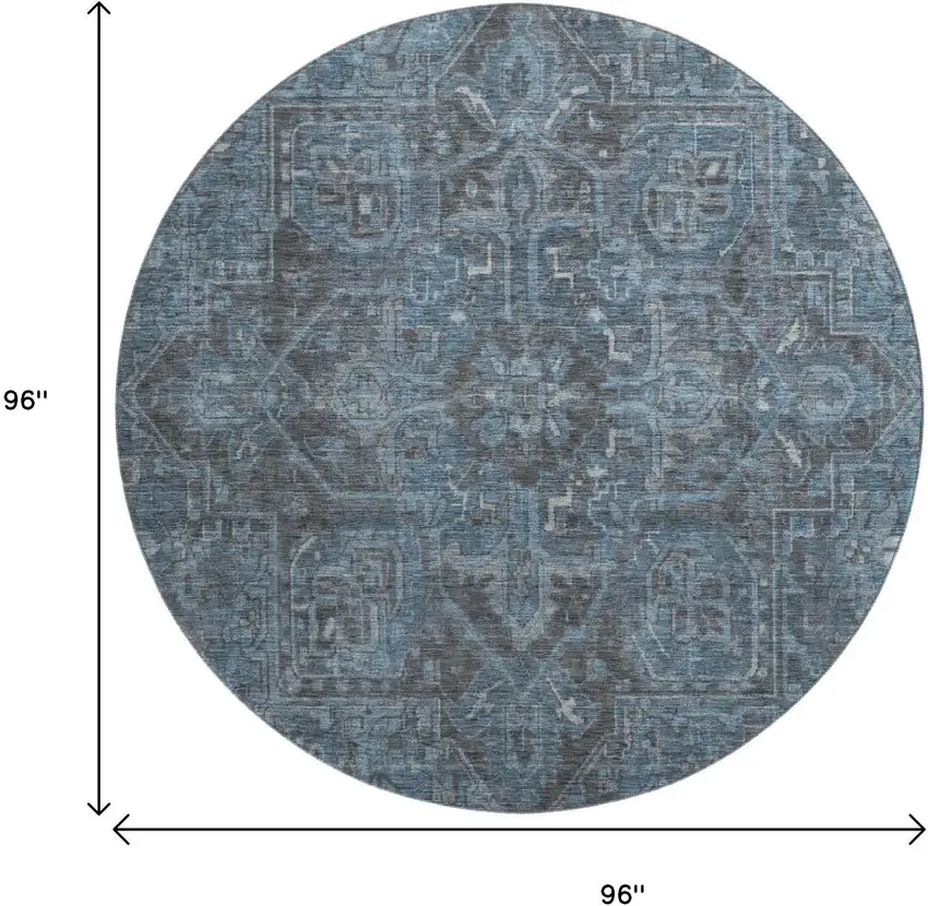 8' Navy Blue And Gray Medallion Distressed Washable Round Rug With UV Protection Photo 7