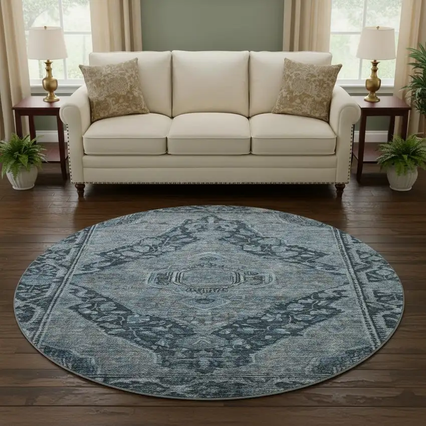 8' Navy Blue And Gray Oriental Washable Round Rug With UV Protection Photo 2
