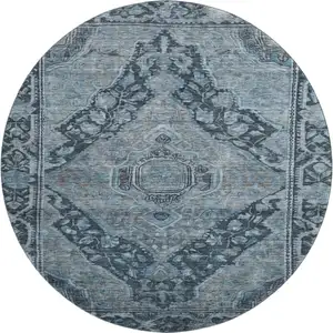 Photo of 8' Navy Blue And Gray Oriental Washable Round Rug With UV Protection