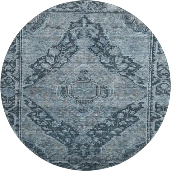 8' Navy Blue And Gray Oriental Washable Round Rug With UV Protection Photo 1