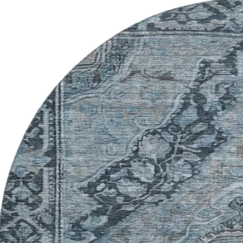 8' Navy Blue And Gray Oriental Washable Round Rug With UV Protection Photo 3
