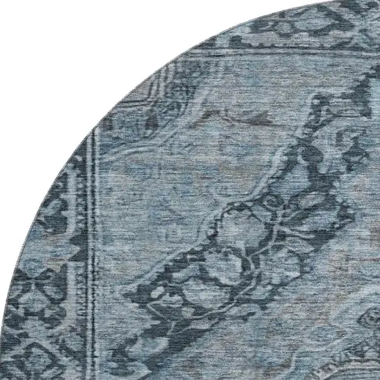 8' Navy Blue And Gray Oriental Washable Round Rug With UV Protection Photo 3
