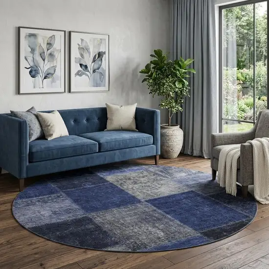 8' Navy Blue And Gray Patchwork Washable Round Rug With UV Protection Photo 1