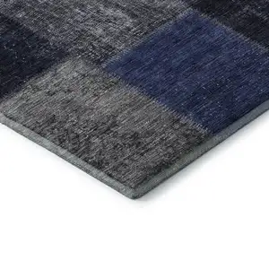 Photo of 8' Navy Blue And Gray Patchwork Washable Round Rug With UV Protection