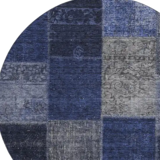 8' Navy Blue And Gray Patchwork Washable Round Rug With UV Protection Photo 3