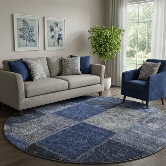 8' Navy Blue And Gray Patchwork Washable Round Rug With UV Protection Photo 1