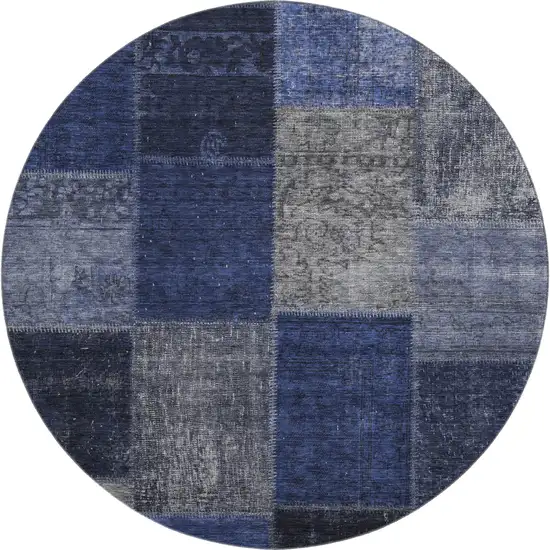 8' Navy Blue And Gray Patchwork Washable Round Rug With UV Protection Photo 1