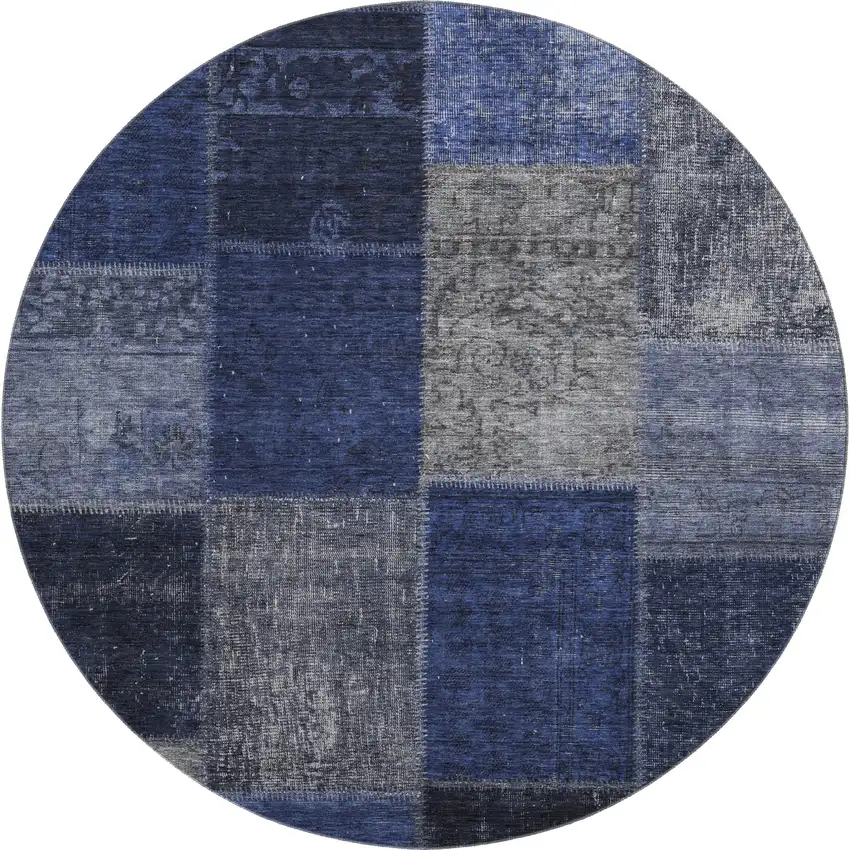 8' Navy Blue And Gray Patchwork Washable Round Rug With UV Protection Photo 1