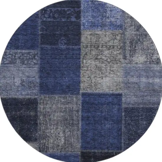 8' Navy Blue And Gray Patchwork Washable Round Rug With UV Protection Photo 4