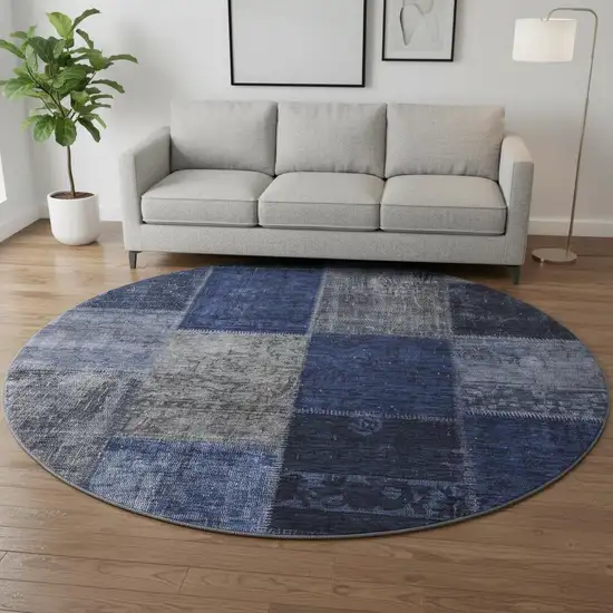 8' Navy Blue And Gray Patchwork Washable Round Rug With UV Protection Photo 2