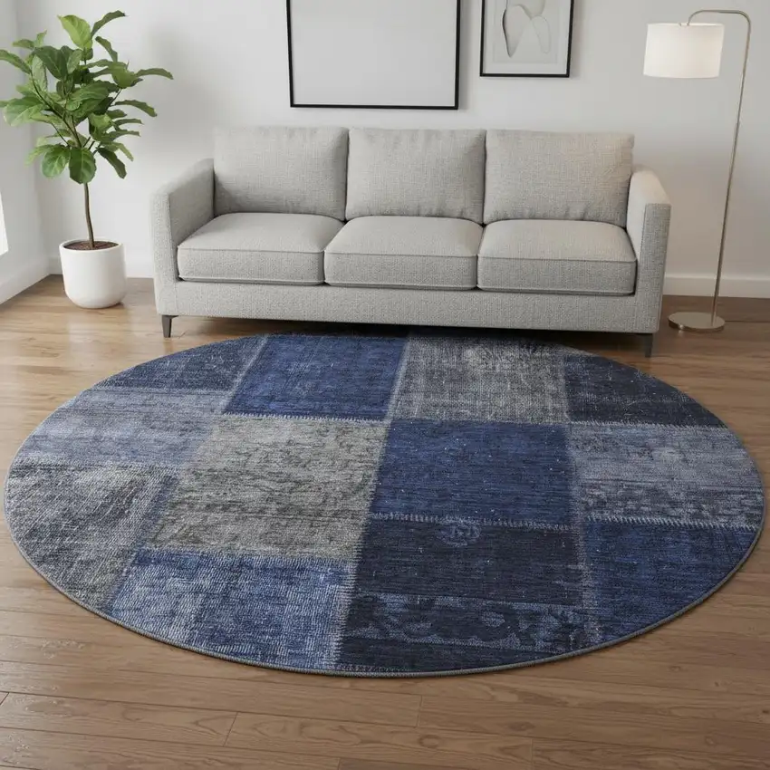 8' Navy Blue And Gray Patchwork Washable Round Rug With UV Protection Photo 2