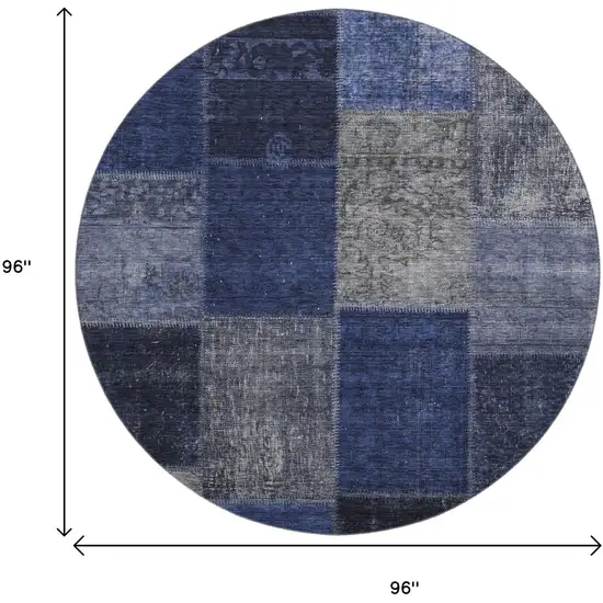 8' Navy Blue And Gray Patchwork Washable Round Rug With UV Protection Photo 3