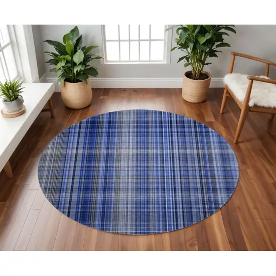 8' Navy Blue And Gray Plaid Washable Round Rug With UV Protection Photo 2