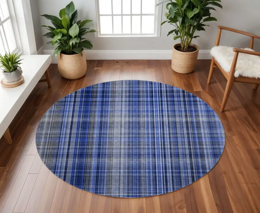 8' Navy Blue And Gray Plaid Washable Round Rug With UV Protection Photo 2
