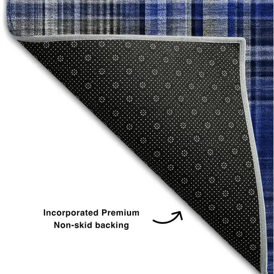8' Navy Blue And Gray Plaid Washable Round Rug With UV Protection Photo 6