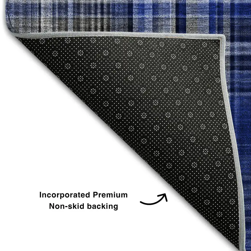 8' Navy Blue And Gray Plaid Washable Round Rug With UV Protection Photo 6