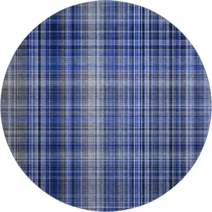 Photo of 8' Navy Blue And Gray Plaid Washable Round Rug With UV Protection