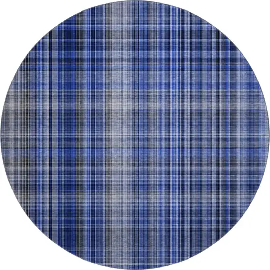 8' Navy Blue And Gray Plaid Washable Round Rug With UV Protection Photo 1