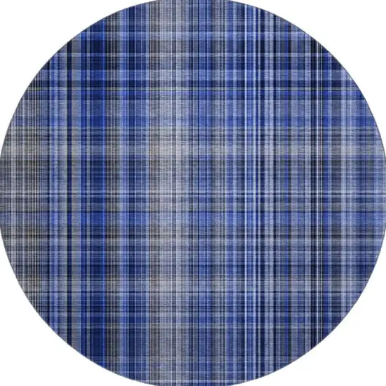 8' Navy Blue And Gray Plaid Washable Round Rug With UV Protection Photo 3