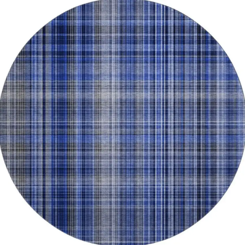8' Navy Blue And Gray Plaid Washable Round Rug With UV Protection Photo 3
