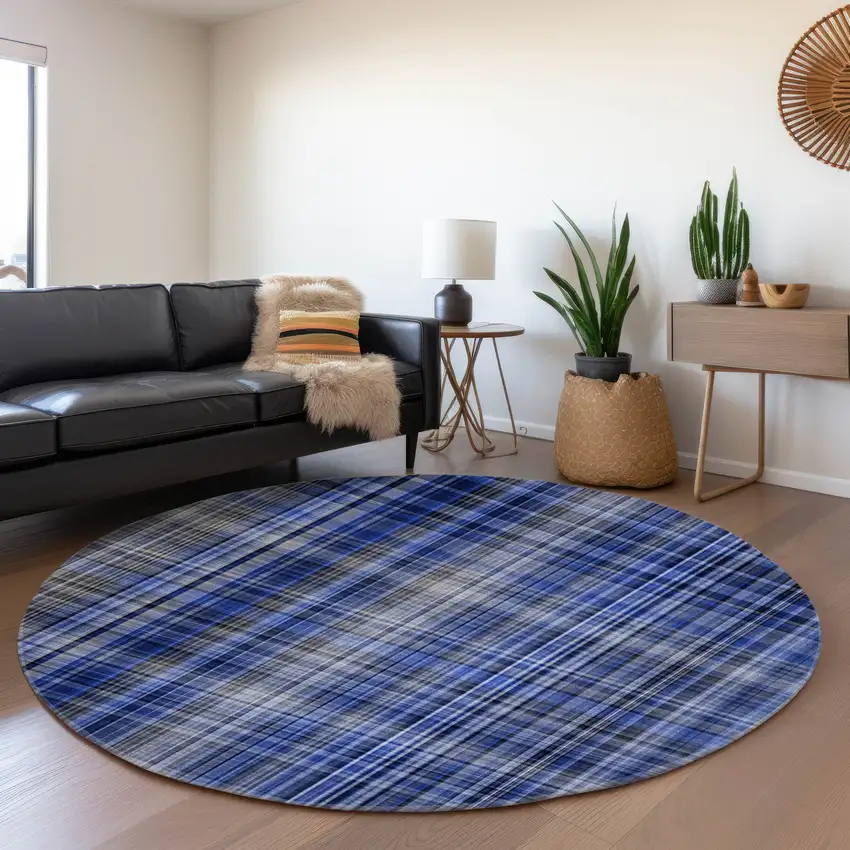 8' Navy Blue And Gray Plaid Washable Round Rug With UV Protection Photo 5