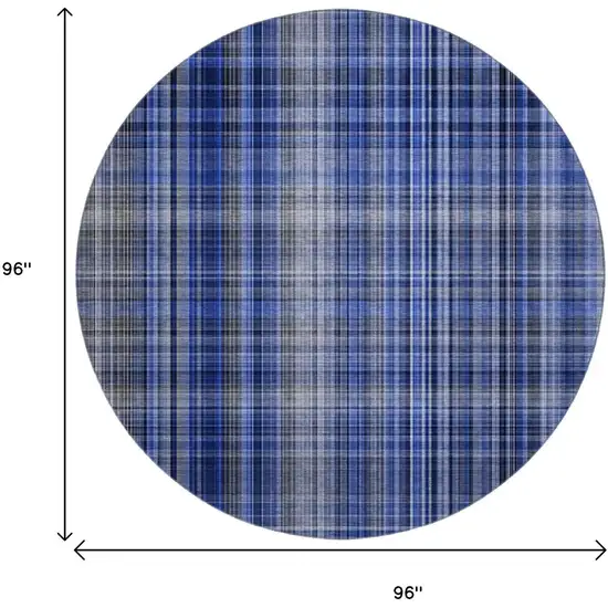 8' Navy Blue And Gray Plaid Washable Round Rug With UV Protection Photo 3