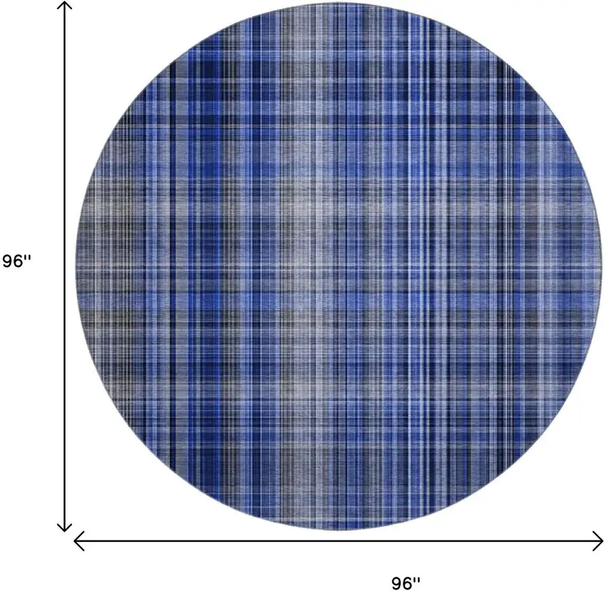 8' Navy Blue And Gray Plaid Washable Round Rug With UV Protection Photo 3