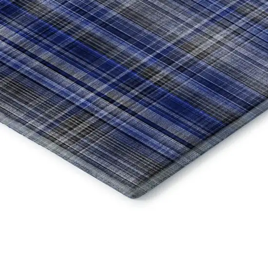 8' Navy Blue And Gray Plaid Washable Round Rug With UV Protection Photo 7