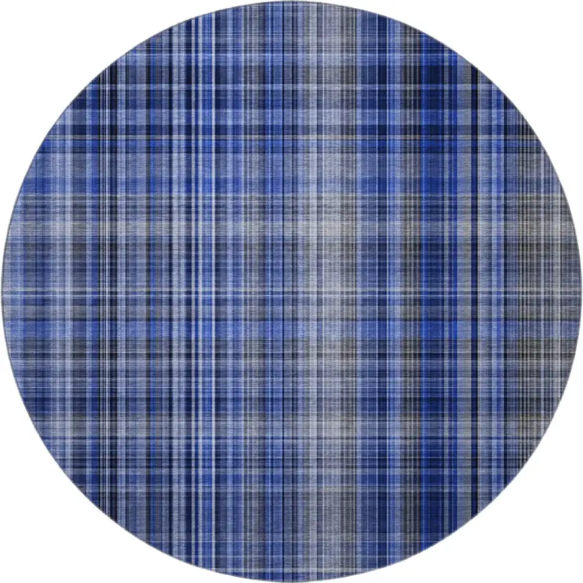 8' Navy Blue And Gray Plaid Washable Round Rug With UV Protection Photo 4
