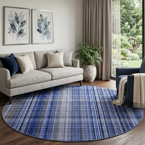 8' Navy Blue And Gray Plaid Washable Round Rug With UV Protection Photo 1