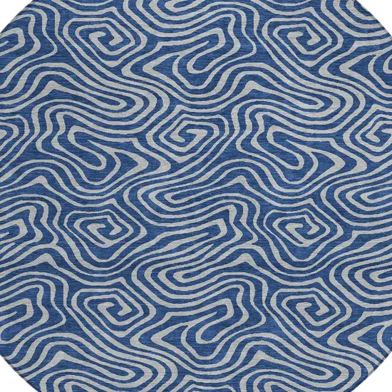 8' Navy Blue And Gray Round Abstract Washable Indoor Outdoor Area Rug Photo 4