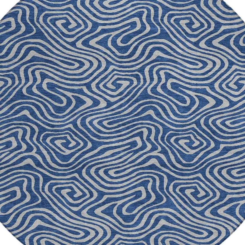 8' Navy Blue And Gray Round Abstract Washable Indoor Outdoor Area Rug Photo 4