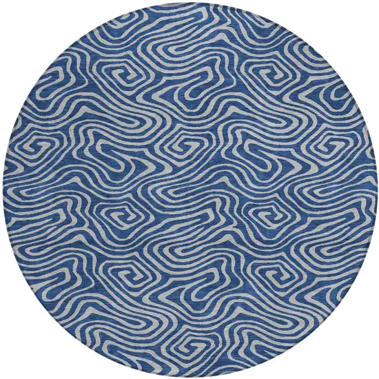 8' Navy Blue And Gray Round Abstract Washable Indoor Outdoor Area Rug Photo 2