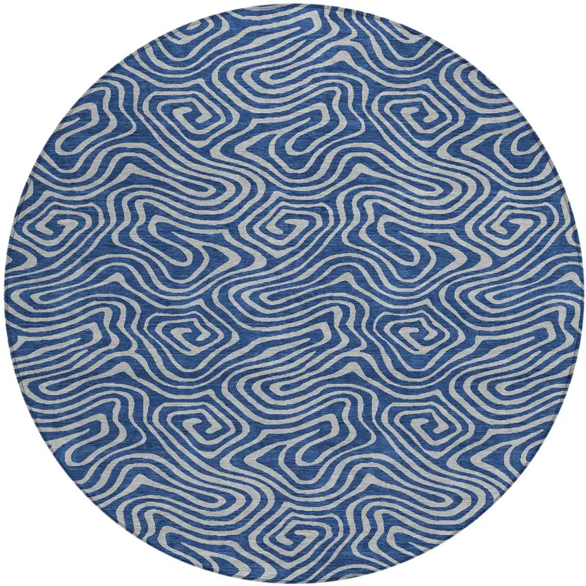 8' Navy Blue And Gray Round Abstract Washable Indoor Outdoor Area Rug Photo 2