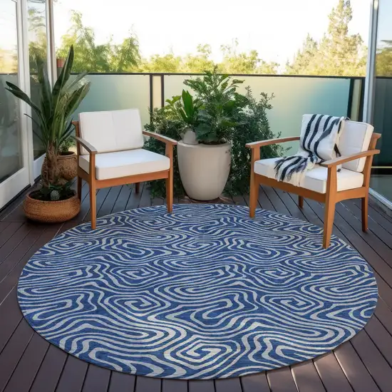 8' Navy Blue And Gray Round Abstract Washable Indoor Outdoor Area Rug Photo 6
