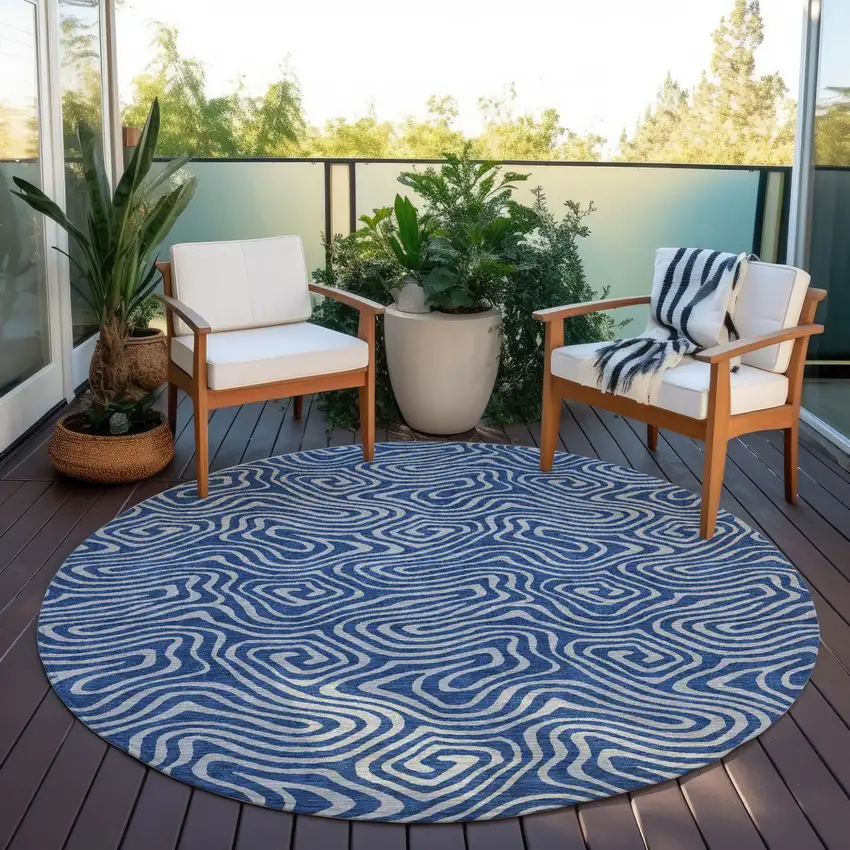 8' Navy Blue And Gray Round Abstract Washable Indoor Outdoor Area Rug Photo 6