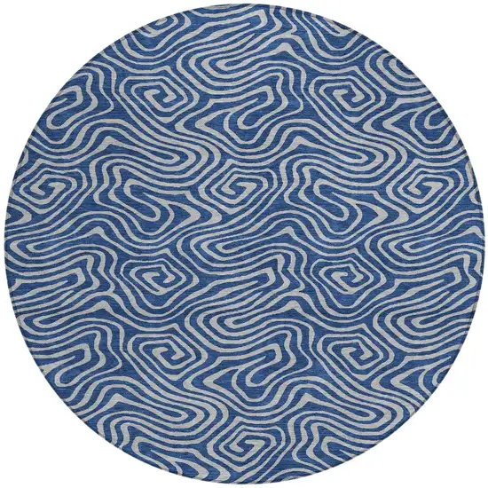 8' Navy Blue And Gray Round Abstract Washable Indoor Outdoor Area Rug Photo 5