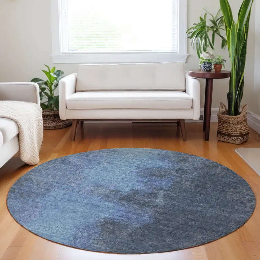 8' Navy Blue And Gray Round Abstract Washable Indoor Outdoor Area Rug Photo 6