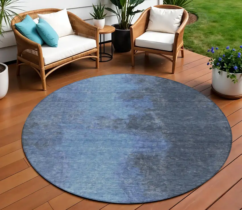 8' Navy Blue And Gray Round Abstract Washable Indoor Outdoor Area Rug Photo 2
