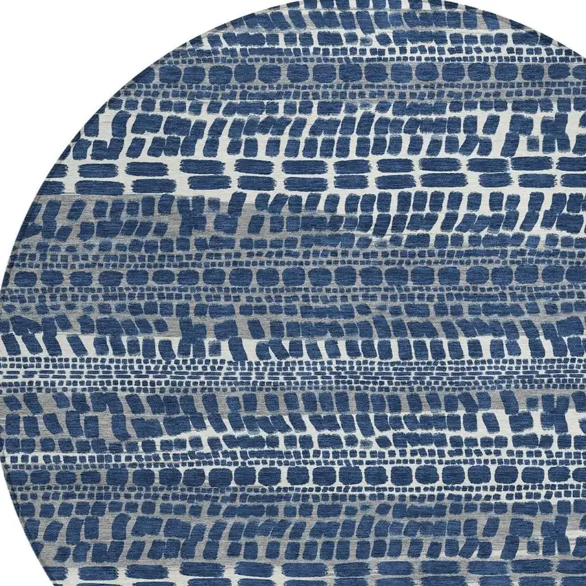 8' Navy Blue And Gray Round Abstract Washable Indoor Outdoor Area Rug Photo 2