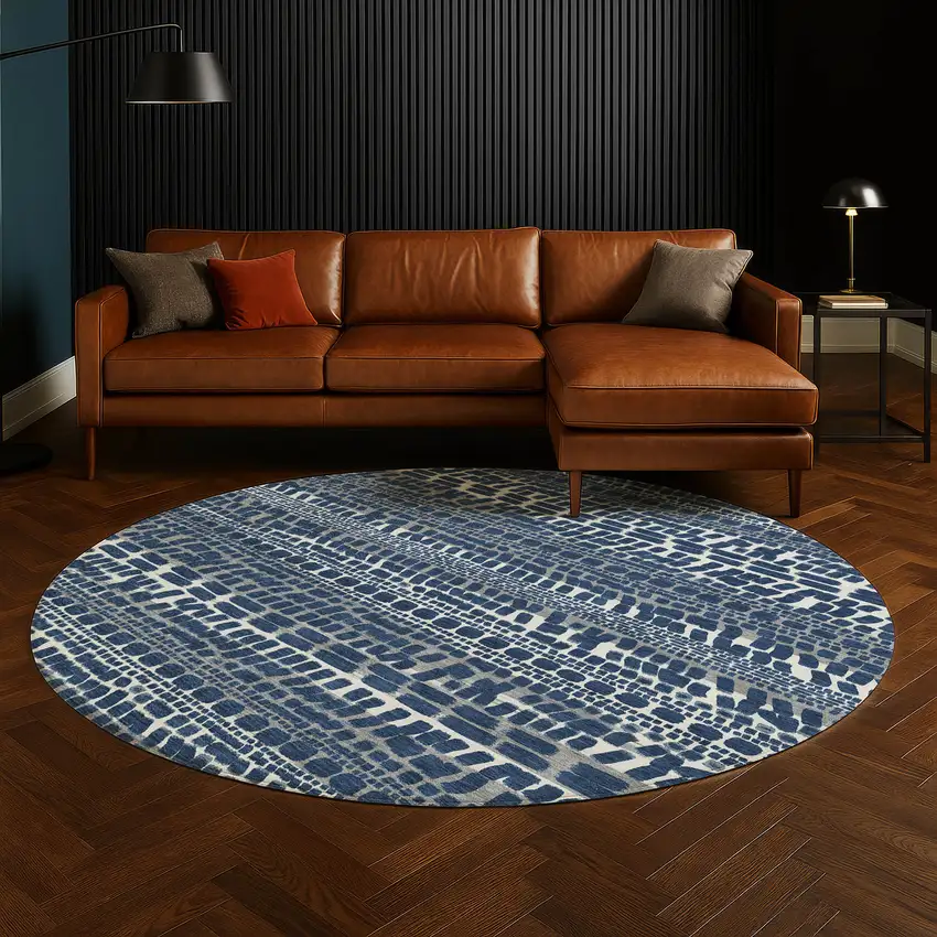 8' Navy Blue And Gray Round Abstract Washable Indoor Outdoor Area Rug Photo 5