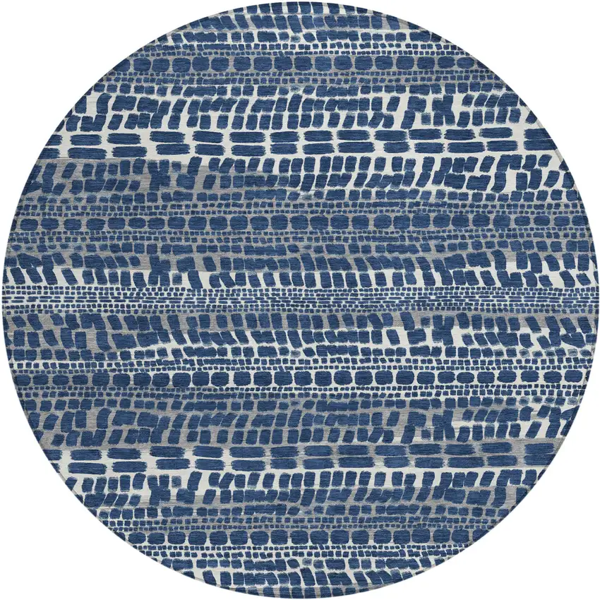 8' Navy Blue And Gray Round Abstract Washable Indoor Outdoor Area Rug Photo 1